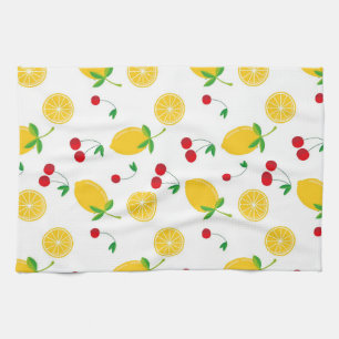 Vibrant Summer Citrus Lemon and Red Cherries Kitchen Towel