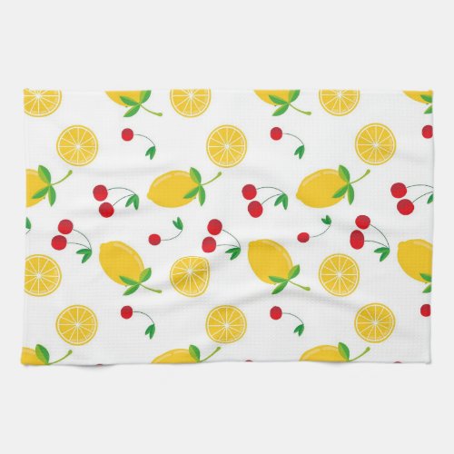 Vibrant Summer Citrus Lemon and Red Cherries Kitchen Towel