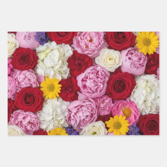 Vibrant Summer Floral Bouquet Wrapping Paper Sheets (Front)