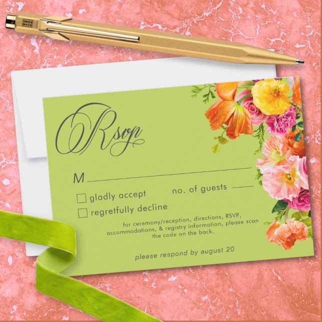 Vibrant Summer Floral Lime Orange Pink Wedding RSVP Card (Vibrant Summer Floral Lime Orange Pink Wedding RSVP Card)