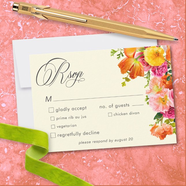 Vibrant Summer Floral Yellow Orange Pink Wedding RSVP Card (Vibrant Summer Floral Yellow Orange Pink Wedding RSVP Card)