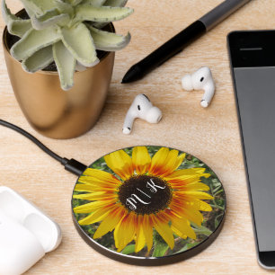 Vibrant Summer Sunflower Field Monogram Wireless Charger