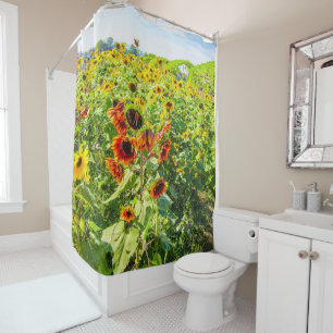 Vibrant Summer Sunflower Field On Sunny Day Shower Curtain