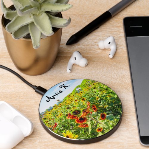 Vibrant Summer Sunflower Field Personalized Wireless Charger