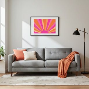 Vibrant Sunburst in Pink, Orange and Yellow Hues Framed Art