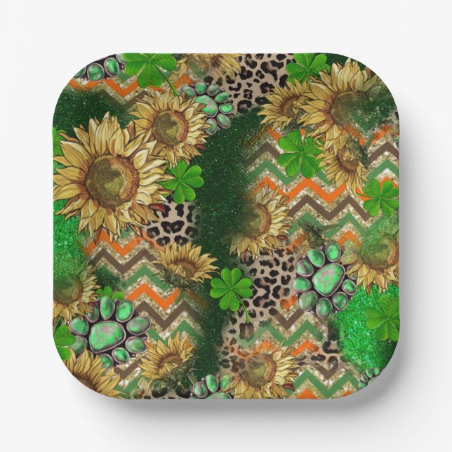 Vibrant Sunflower and Shamrock Paper Plates (Front)