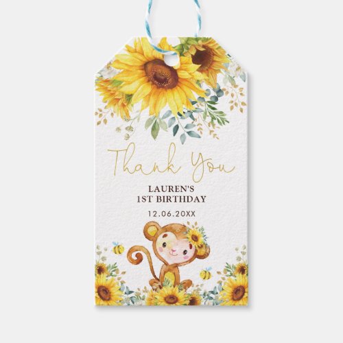 Vibrant Sunflower Cheeky Baby Monkey Wild Birthday Gift Tags