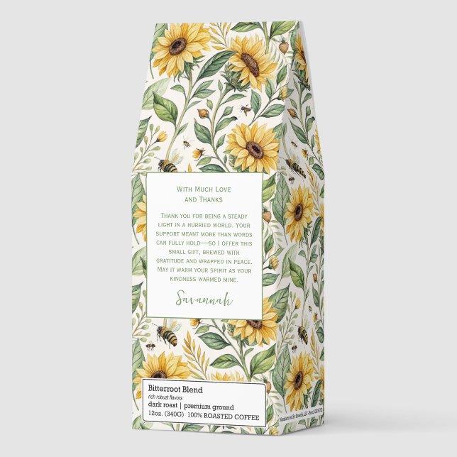 Vibrant Sunflowers and Bumble Bees Roast Coffee (Front)