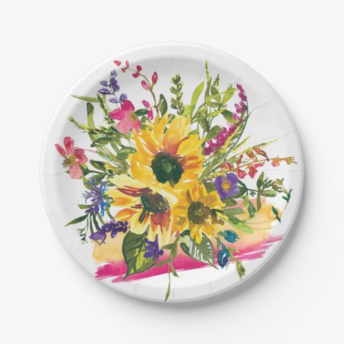 Vibrant Sunflowers Wildflowers Floral Watercolor Paper Plates