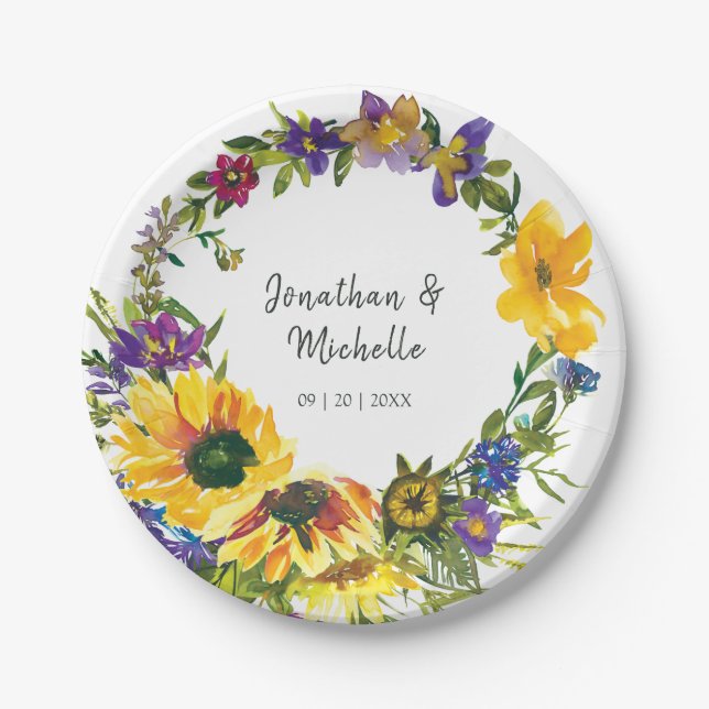Vibrant Sunflowers Wildflowers Floral Wedding Paper Plates (Front)