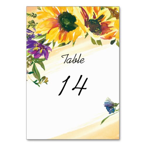 Vibrant Sunflowers Wildflowers Floral Wedding Table Number