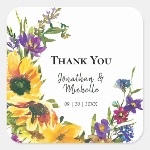 Vibrant Sunflowers Wildflowers Thank You Wedding Square Sticker