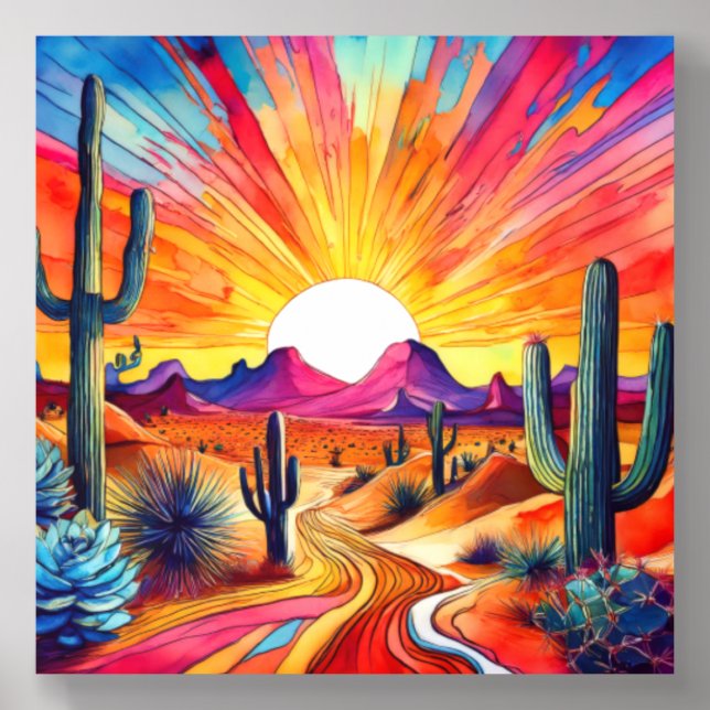Vibrant Sunrise in the Desert with Cacti Acrylic Photo Tile (Front Set)