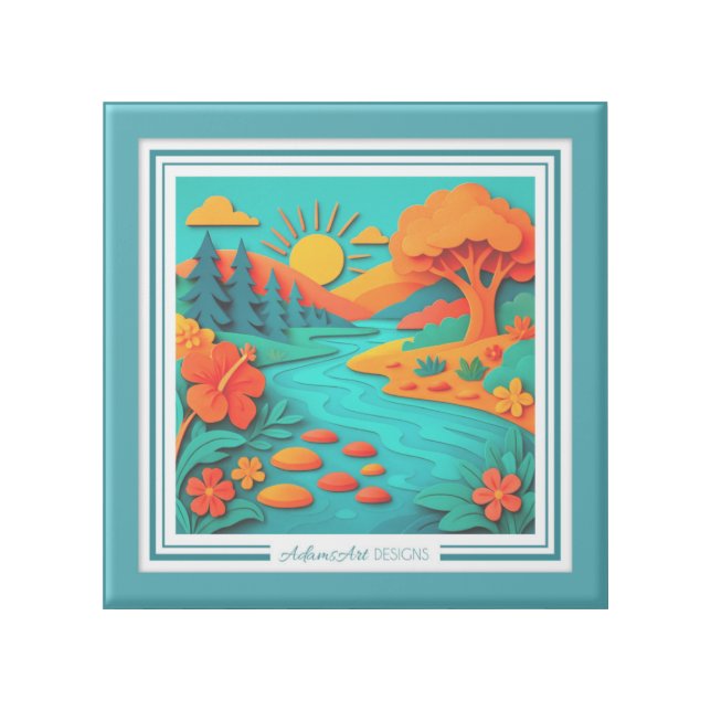 Vibrant Sunrise River Tropical Paper Cut Landscape Gallery Wrap (Front)