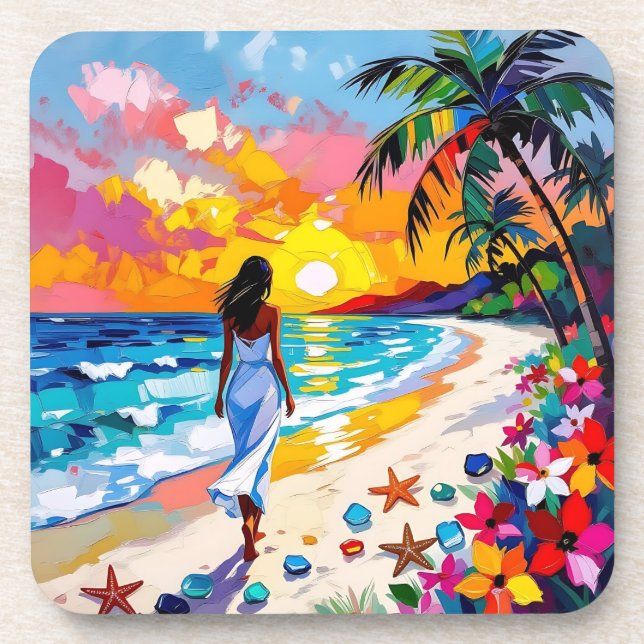 Vibrant Sunset Abstract Beach Scene   Beverage Coaster (Front)