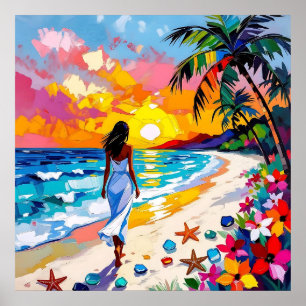 Vibrant Sunset Abstract Beach Scene Poster