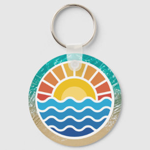 Vibrant Sunset and Blue Waves with Tropical Beach Keychain