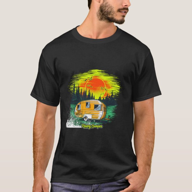 Vibrant Sunset Camping Scene Graphic T-shirt (Front)