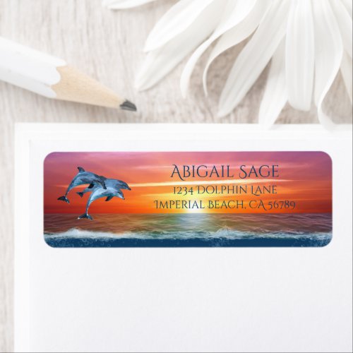 Vibrant Sunset Dolphins Jumping Ocean Address Label