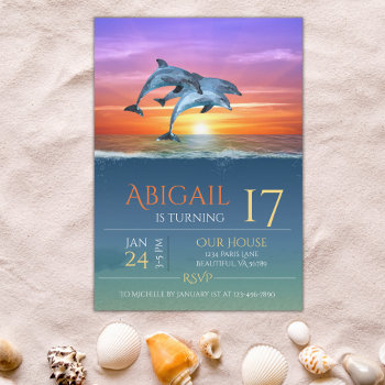 Vibrant Sunset Dolphins Jumping Ocean Birthday Invitation by StuffByAbby at Zazzle