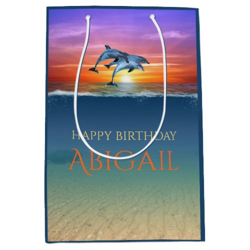 Vibrant Sunset Dolphins Jumping Ocean Birthday Medium Gift Bag