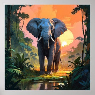 Vibrant Sunset Elephant Wildlife Painting Poster