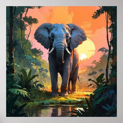 Vibrant Sunset Elephant Wildlife Painting Poster