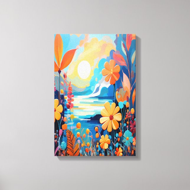Vibrant Sunset Floral Landscape Nature Art Canvas Print (Front)
