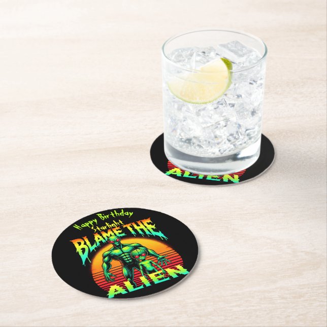 Vibrant Sunset Frames Green Alien Round Paper Coaster (Insitu)