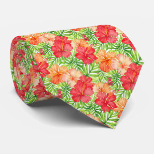 Vibrant Sunset Glow Watercolor Tropical Hibiscus Neck Tie