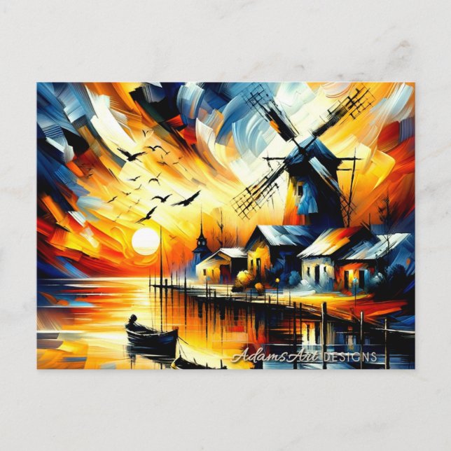 Vibrant Sunset Harbor Windmill Holiday Postcard (Front)
