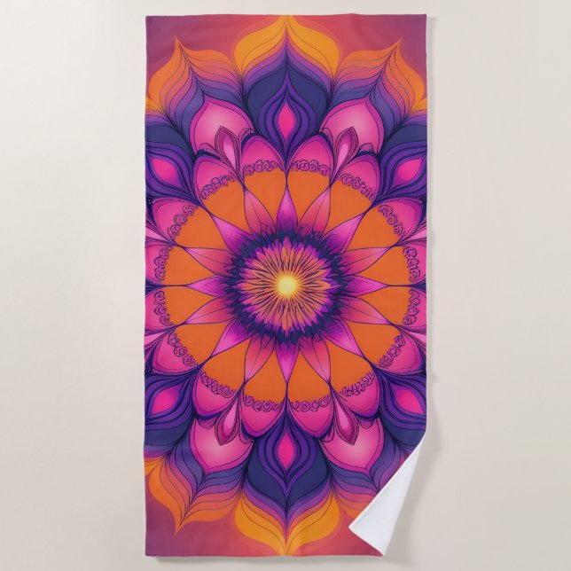 Vibrant Sunset Mandala Round Beach Towel (Front)