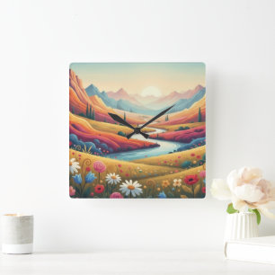 Vibrant Sunset Modern Mountain Landscape & Flower Square Wall Clock