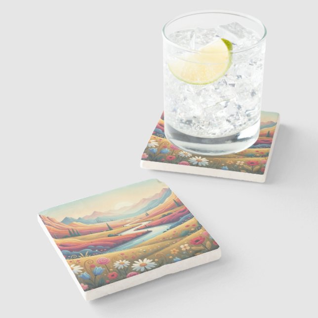 Vibrant Sunset Modern Mountain Landscape & Flower Stone Coaster (Side)