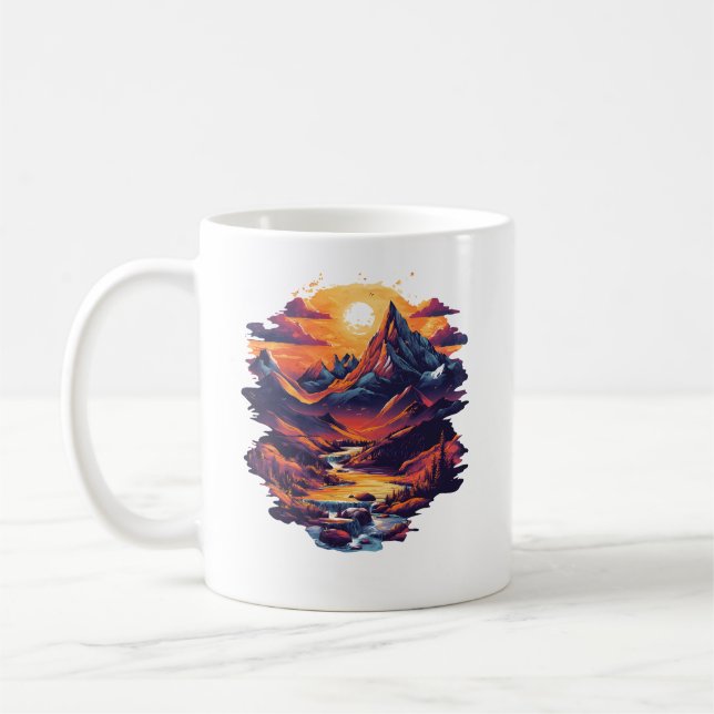 Vibrant Sunset Mountain and River Waterfall nature Coffee Mug (Left)