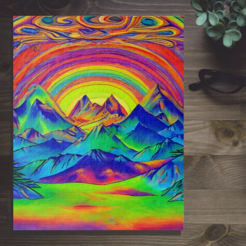 Vibrant Sunset Mountains Landscape Psychadelic Art Jigsaw Puzzle