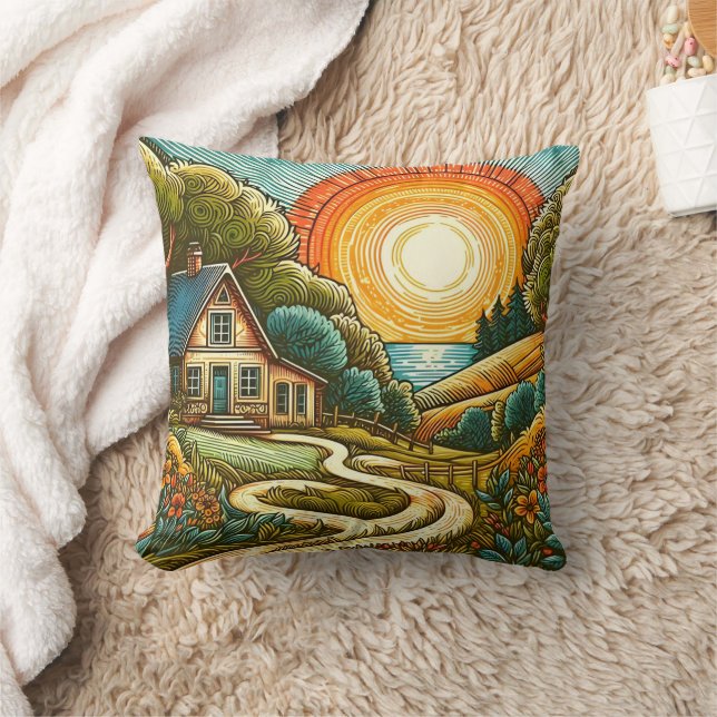 Vibrant sunset over a peaceful country landscape throw pillow (Blanket)