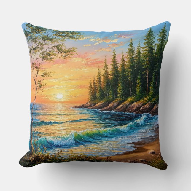 Vibrant Sunset Over Ocean Waves Throw Pillow (Front)