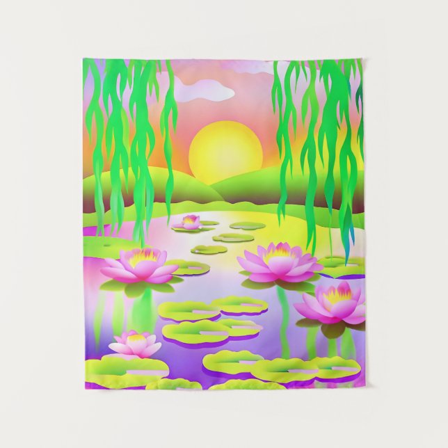 Vibrant Sunset Pond with Water Lilies Tapestry (Front)