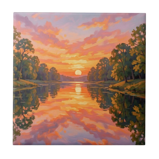 Vibrant Sunset River Reflection Ceramic Tile (Front)