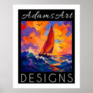 Vibrant Sunset Sailboat Ocean Impressionist Poster