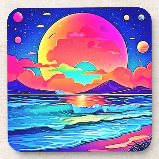 Vibrant Sunset Seascape Beverage Coaster (Front)