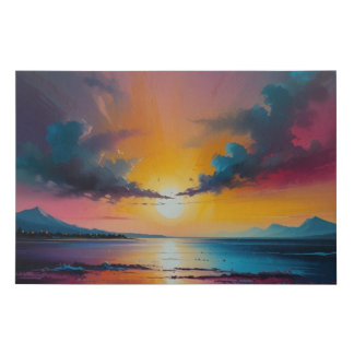 Vibrant Sunset Seascape Painting Faux Canvas Print