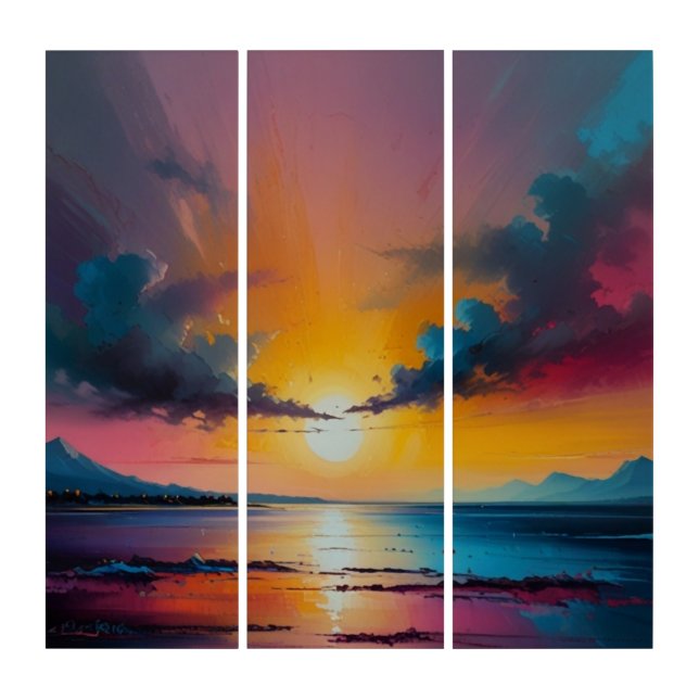 Vibrant Sunset Seascape Painting Triptych (Front)