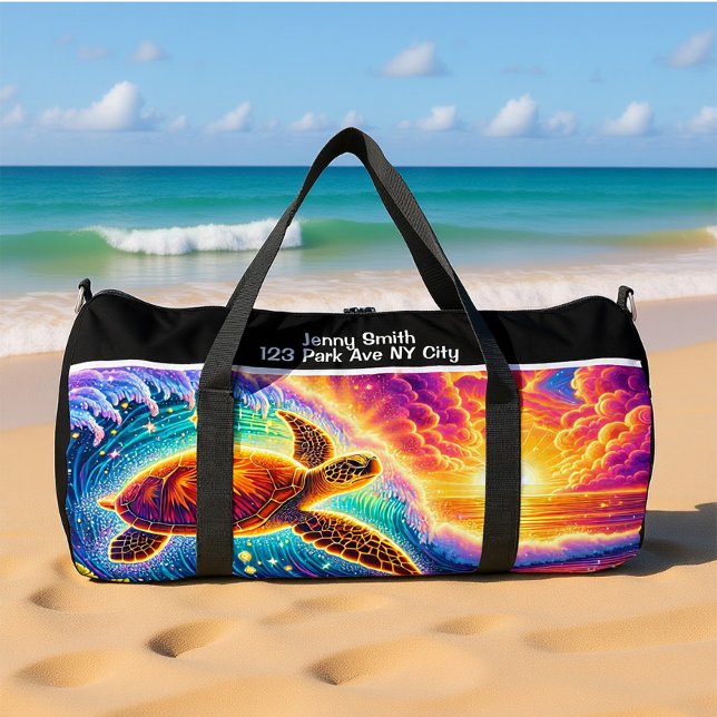 Vibrant Sunset Turtle Travel Monogram Personalize Duffle Bag (Creator Uploaded)