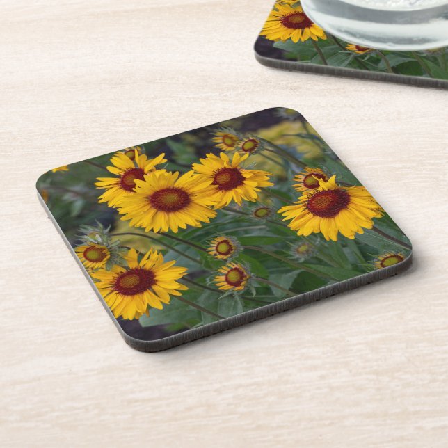 Vibrant Sunshine: Orange Sunflowers, Flower Photo Beverage Coaster (Left Side)