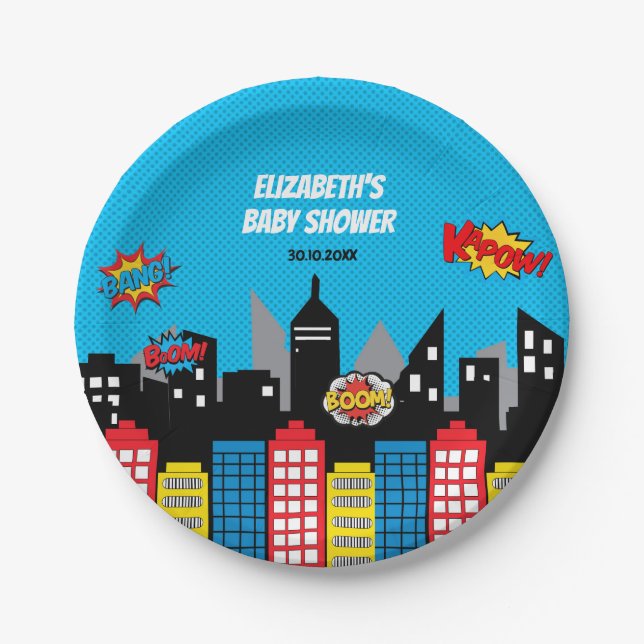 Vibrant Superhero Birthday Party Favor Paper Plates (Front)