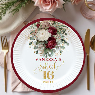 Vibrant Sweet 16 Blush Burgundy Floral Plates