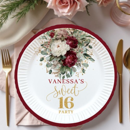 Vibrant Sweet 16 Blush Burgundy Floral Plates