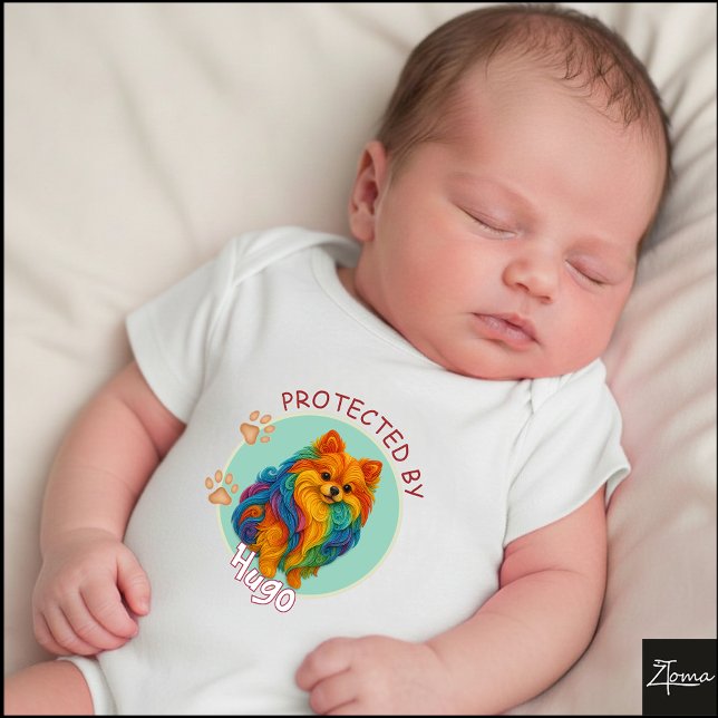 Vibrant Swirl Quilled Pomeranian dog Portrait Baby Bodysuit (Creator Uploaded)